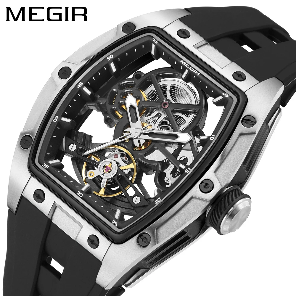 MEGIR Fashion Leisure Alloy Case Men Mechanics Watch Silicone Band Barrel Shaped Dial Luminous Pointer Design Man Wristwatch