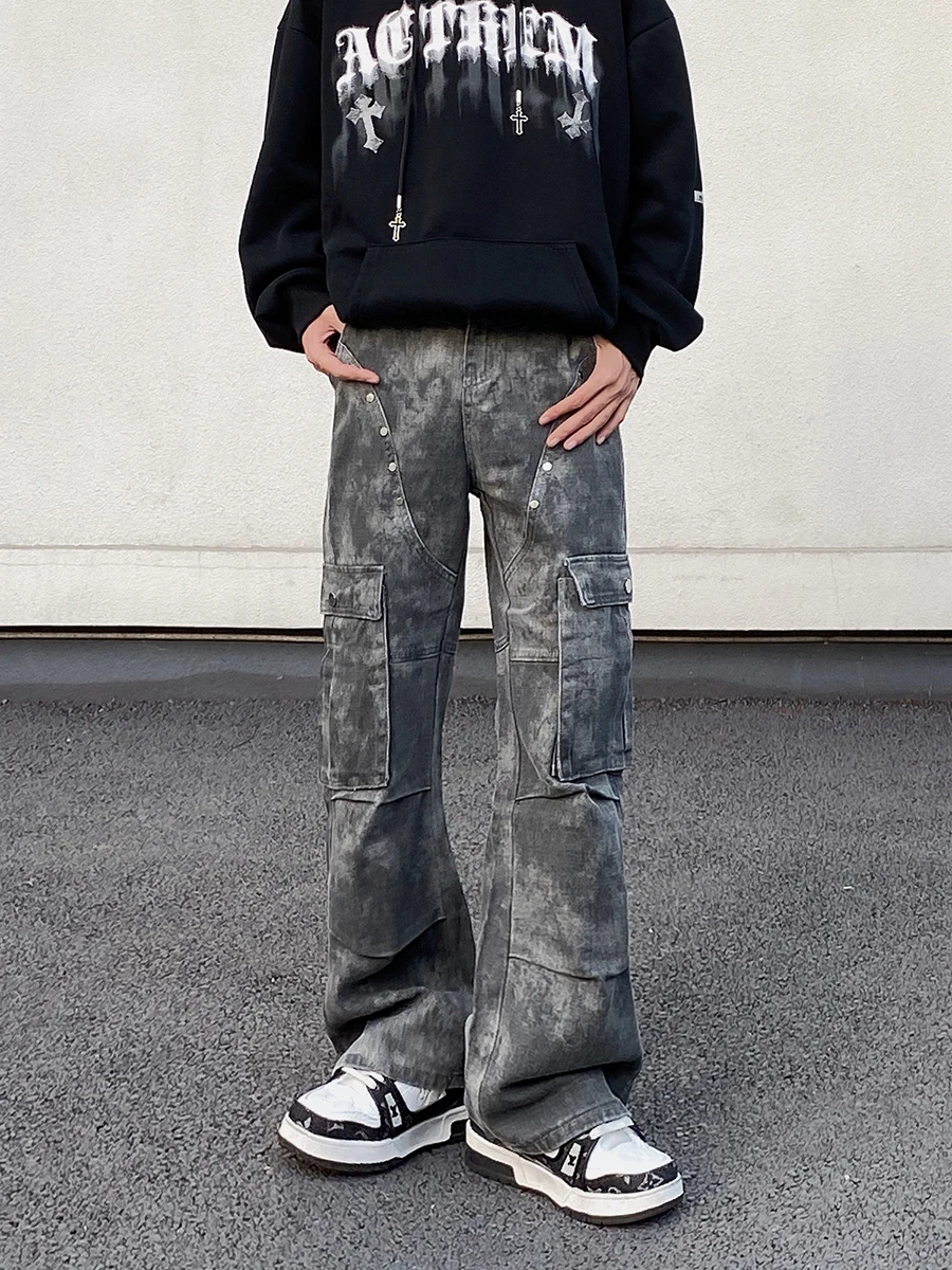 RORORIRI Men Rivets Denim Cargo Pants Women Camo Multi Pocket Retro American Low Wide Flare Jeans Vintage High Street Clothes