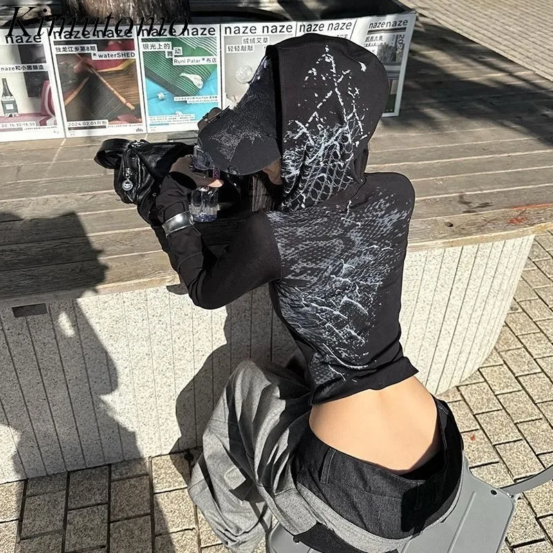 

Kimutomo женские куртки с капюшоном осенняя мода винтажные тонкие с длинным рукавом Y2k эстетические укороченные топы в стиле Харадзюку с принтом в стиле гранж женские