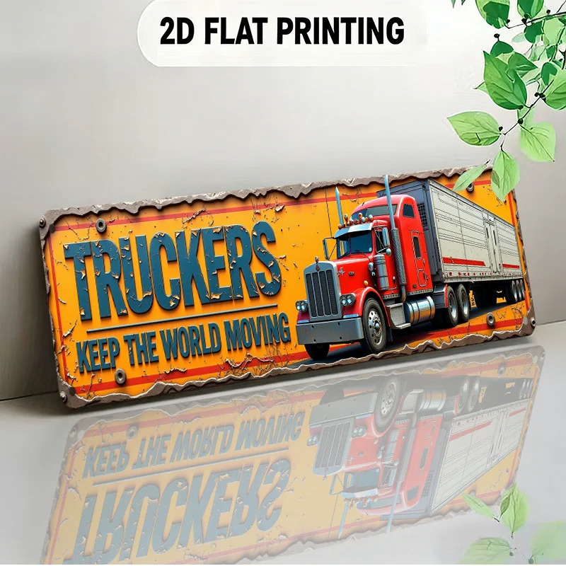 2D Flat Vintage Red Truck Metal Sign, Industrial Transportation Wall Decor for Garage Restaurant Truck Stop.