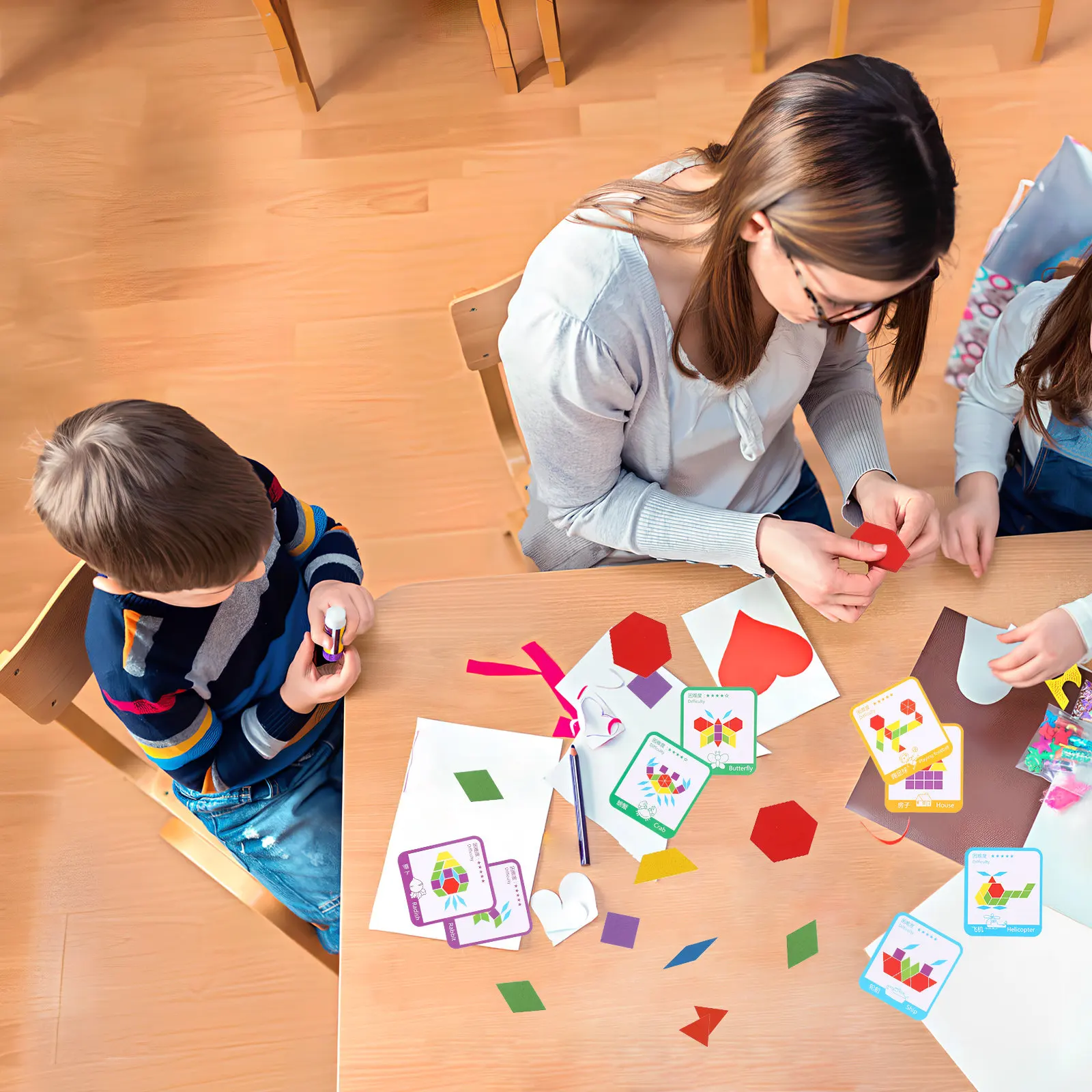 

155Pcs Pattern Blocks Wooden Puzzle Set Colorful Geometric Shapes Educational Preschool Learning Activities Hand Eye