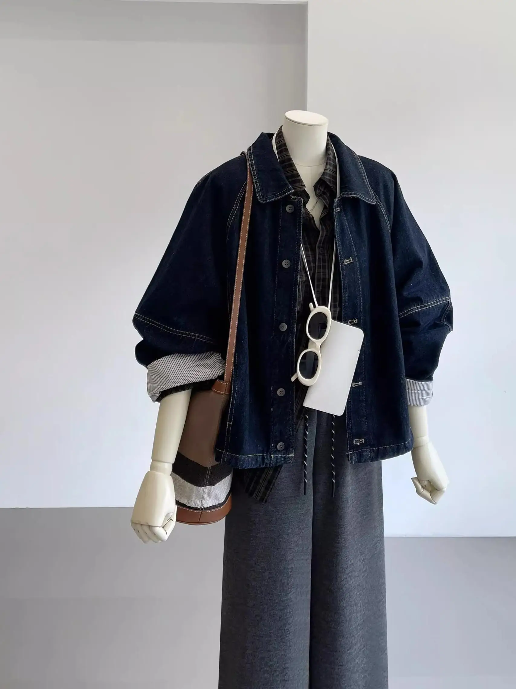

Retro Little Fraance Sle Denim Jaet Women's Spring Autumn Loose Casual Top Trendy Button down Long Sve Collar