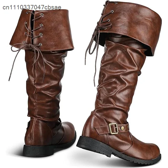 Medieval Warrior Pirate Over Knee Boots Faux Leather Fold Cuff Lace Up Boot Renaissance Stage Performance Halloween Cosplay Shoe 2