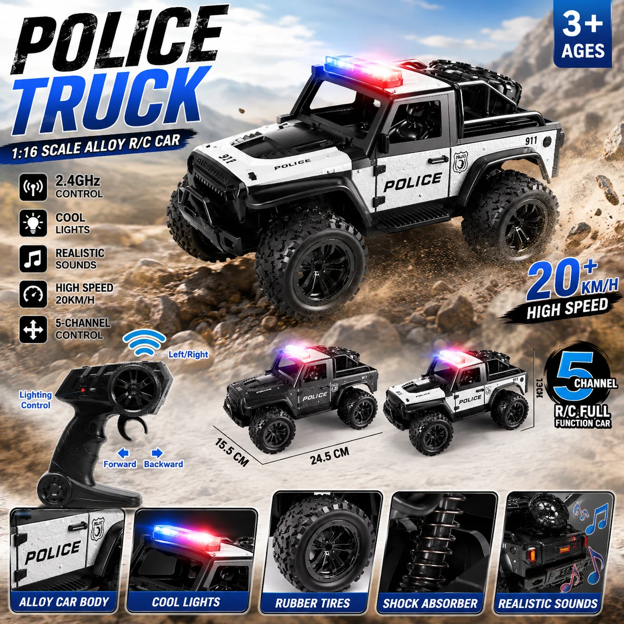 2.4G Remote Control Car 1:16 Alloy High-speed Off-road Police Car Remote Control Car with Music and LED Lights Outdoor Toy Gift
