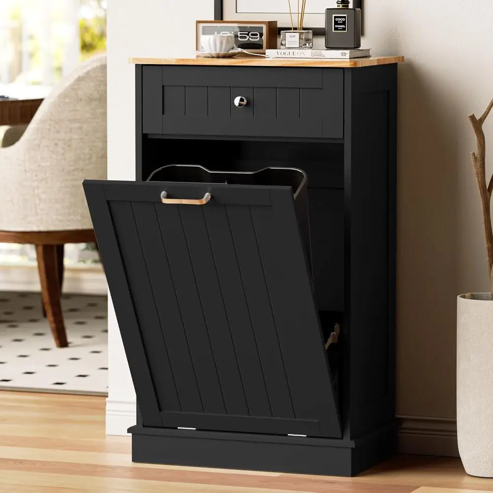 

13 Gallon Wooden Freestanding Trash Can Cabinet with Drawer, Odor Control, for Kitchen and Bathroom, Black