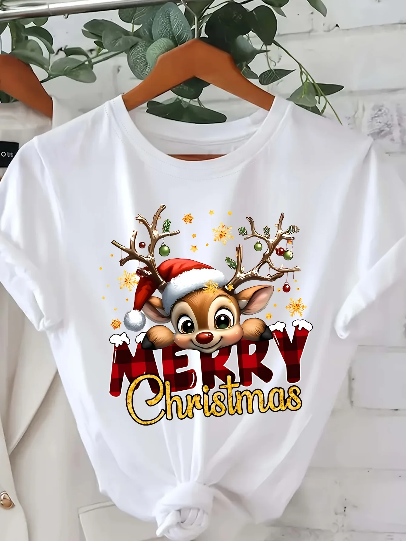 المرأة احتفالية الغزلان عيد الميلاد الجرافيك تي شيرت طاقم الرقبة قصيرة الأكمام رداء علوي غير رسمي Harajuku قصيرة الأكمام ملابس جمالية غير رسمية