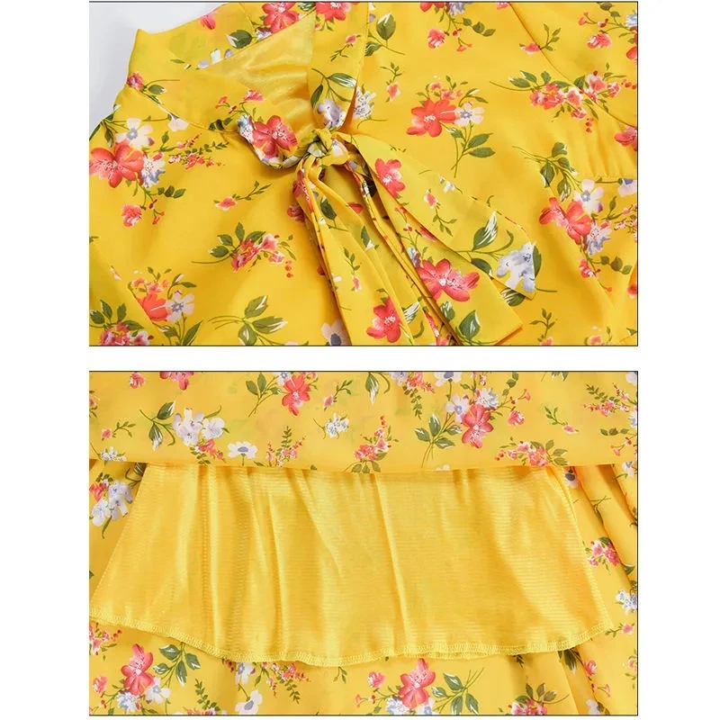 2024 Women Chiffon Casual Dress Yellow Floral Spring Long Sleeve Beach Clothes Red Elegant Fashion Maxi Dresses Vestidos