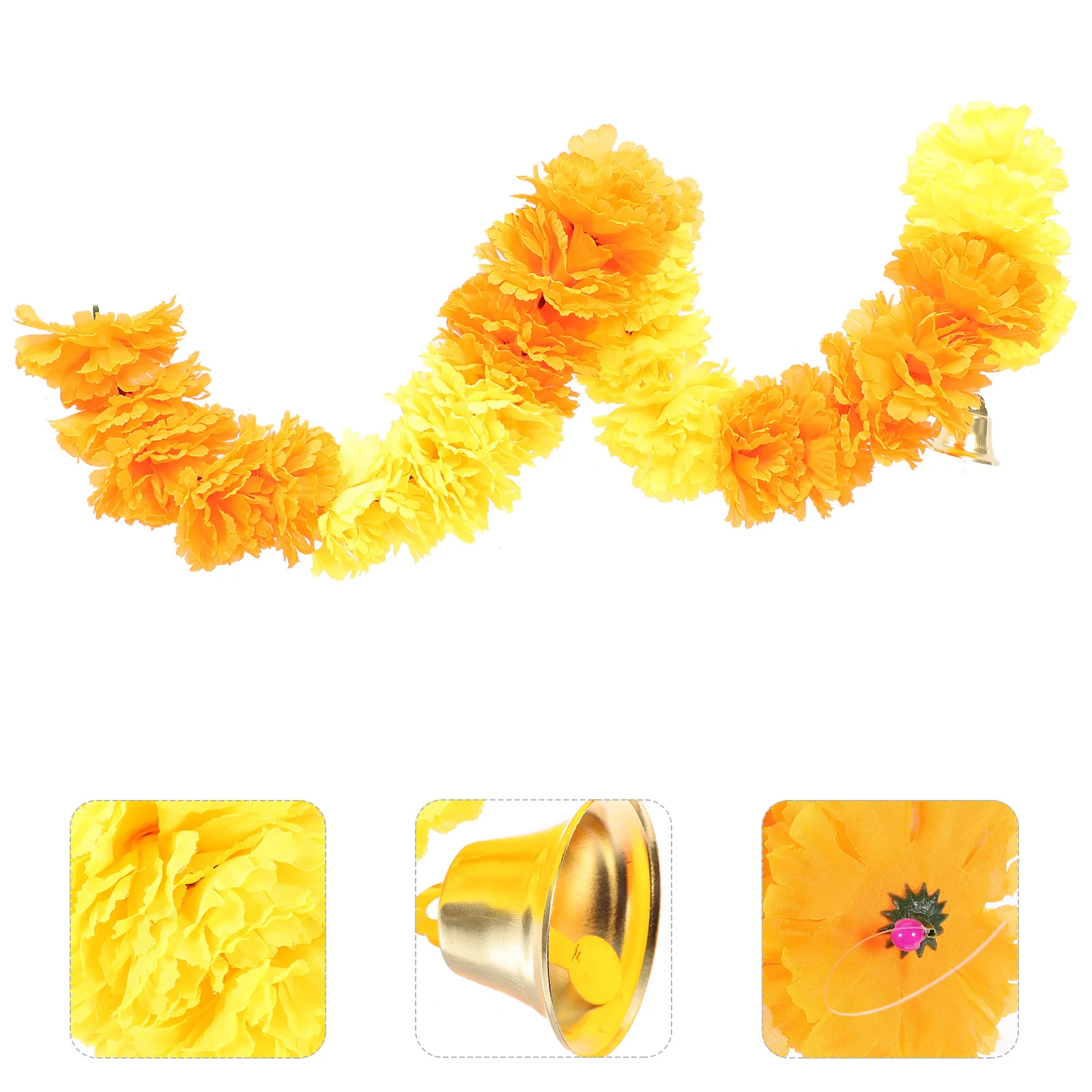 

Marigold String Flowers Bells Decor Diwali Home Party Yellow Metal Silk Long Lasting Easy Install