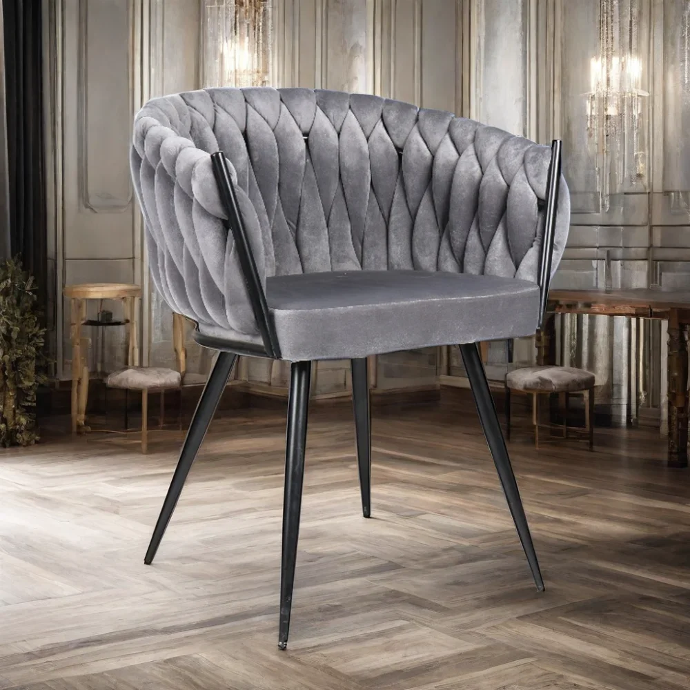 Factoyt Morden Upholstered Soft Fabric Grey Metal Frame Dine Chair Design Tufted Velvet Dining Room Chair With Arms