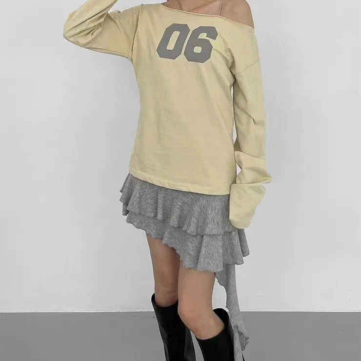 

Свободная футболка Long Sve с цифровым принтом на одно плечо, повседневная женская весенняя футболка с золотым принтом, топ из качественного материала