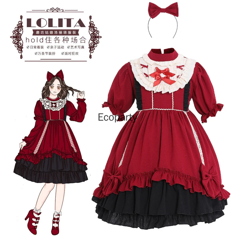 

Girls Kawaii Lolita Dress Japanese Red Short Sleeves Bow Princess Dress with Headwear Kids Halloween Birthday Party Costumes