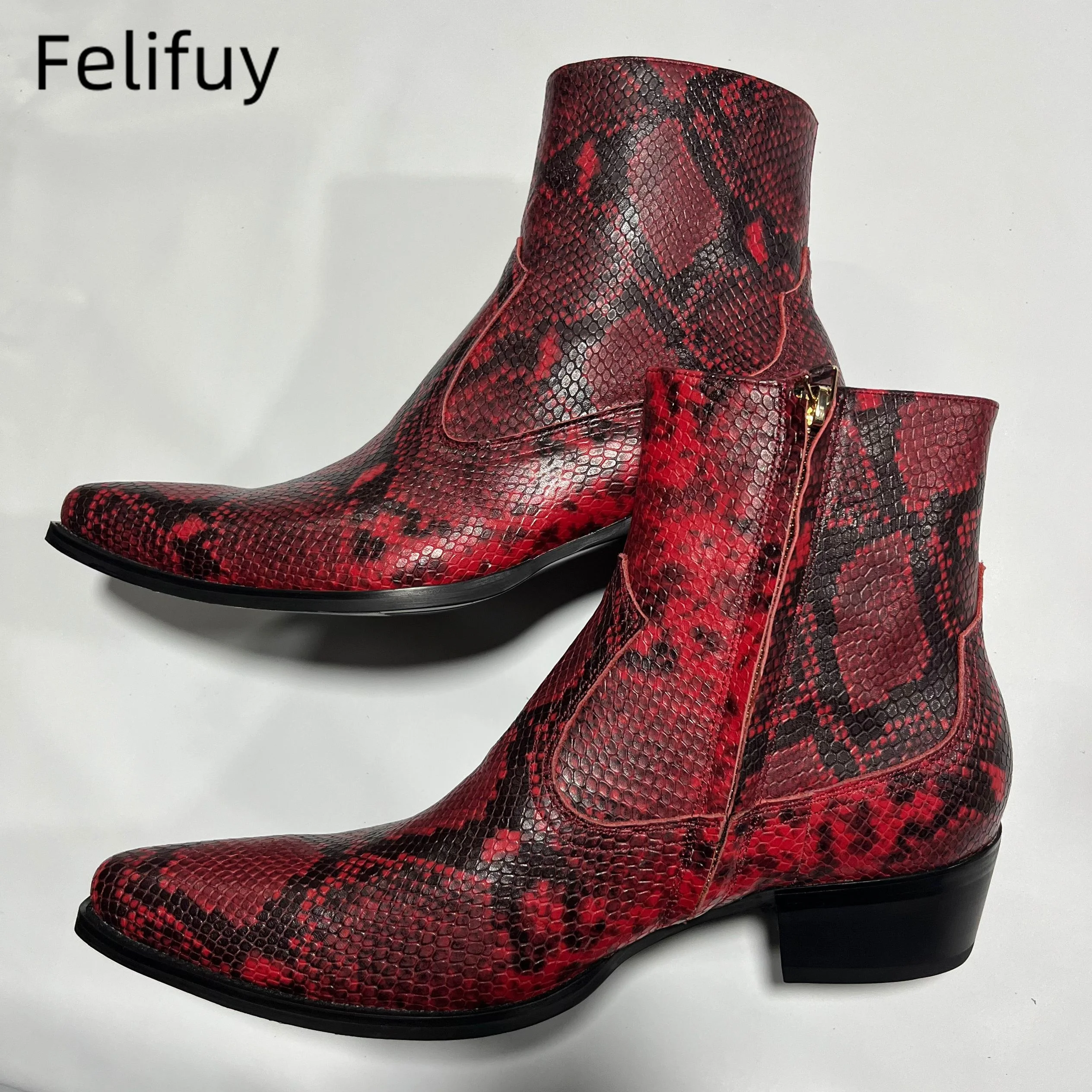 Snake Printed cowhide boots Genuine Leather Boots Pointed Toe Fashion Personality Side Zipper Casual Shoes Dress Shoes For Men