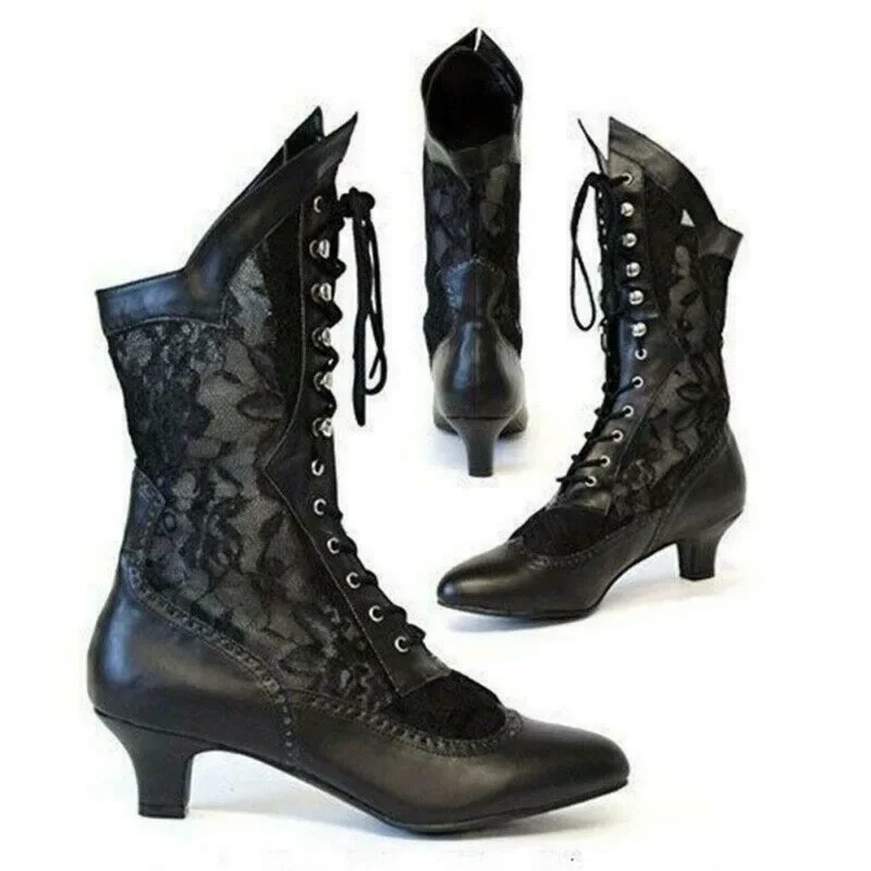 Vintage Women\'s Ankle Boots Victorian Pointed Toe Mid-Calf Boots for women elegant Pu Lace Up boot Spliced Ladies High Heel Shoe