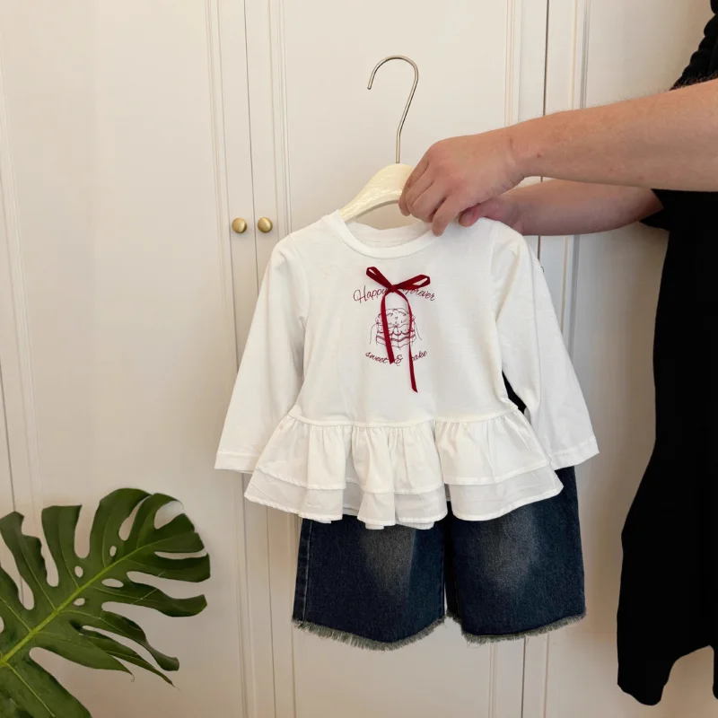

2025Autumn New Korean Style Sweet Bowknot Ruffle Long Sleeve Top Set for Little Girls and Baby Girls