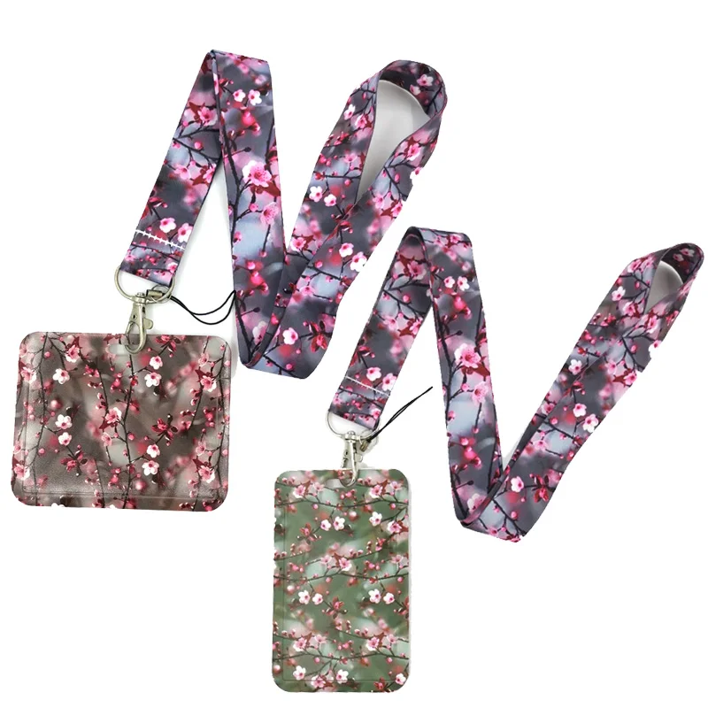 Cherry Plum blossom Tree Flowers Key lanyard Car KeyChain ID Card Pass Gym Mobile Phone Badge Kids Key Ring Holder Jewelry