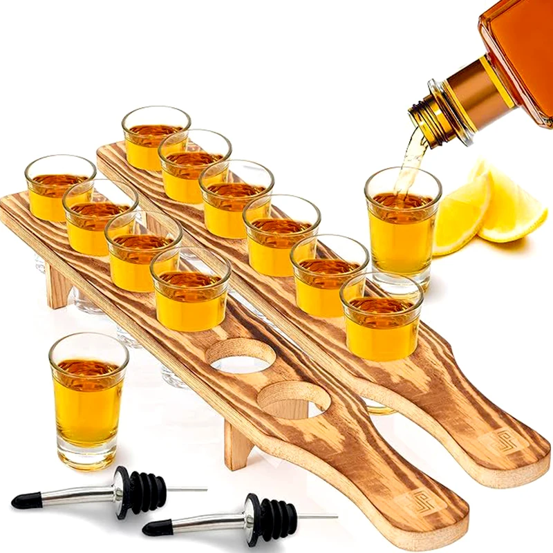 Wooden Shot Glass Serving Tray 6 Holes Whiskey Shot Glasses Holder Tray Wine Shot Glasses Display Dispenser Cups Shelf Rack Base