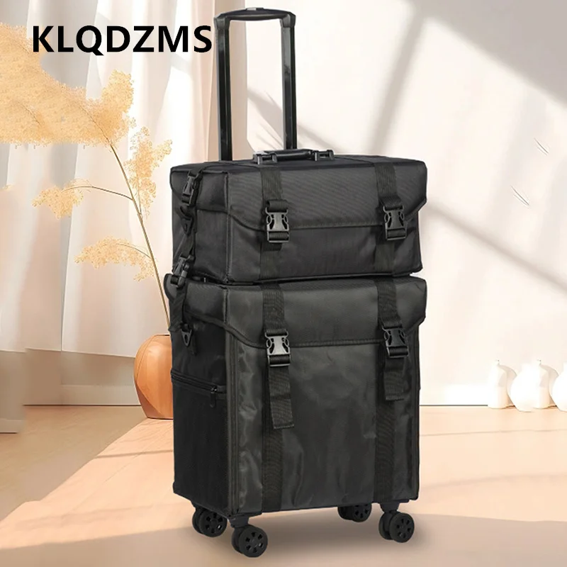 KLQDZMS أكسفورد القماش اثنين في واحد حقيبة مستحضرات التجميل الجمال مسمار أداة صندوق المرأة ذات سعة كبيرة حقيبة تروللي بعجلات مع حقيبة عجلات