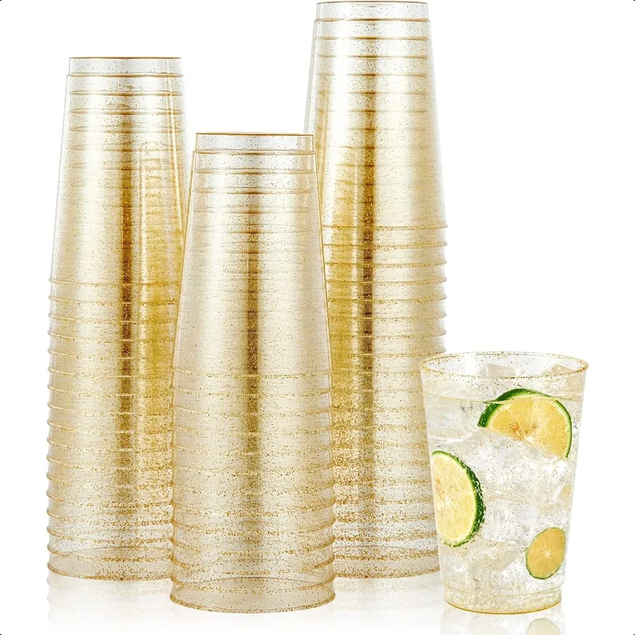 

100 Pack 12 oz Gold Plastic Cups Gold Cups Heavyduty Party Glasses for Wedding Thanksgiving Christmas Parties