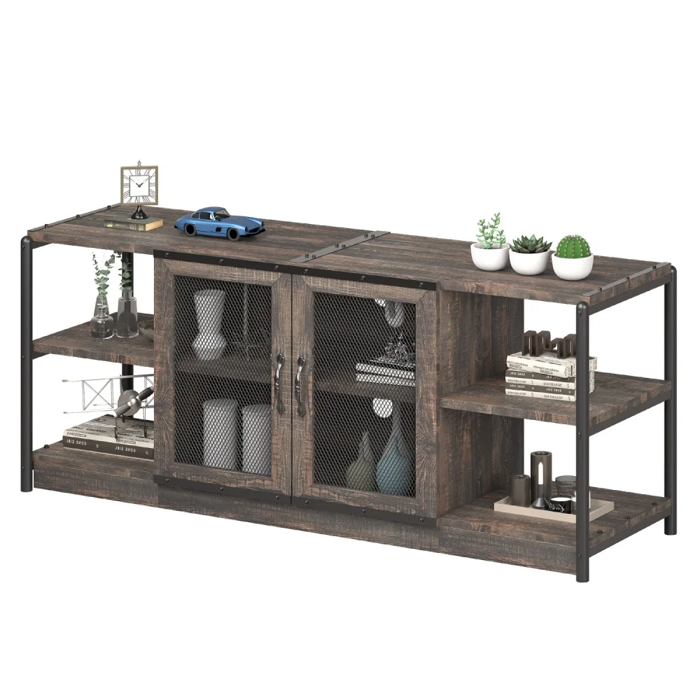 Industrial TV Stand for 65/70/75 inch TV，Rustic TV Entertainment Center with 2 Mesh Door, Wood TV cabinets/TV Console Tables