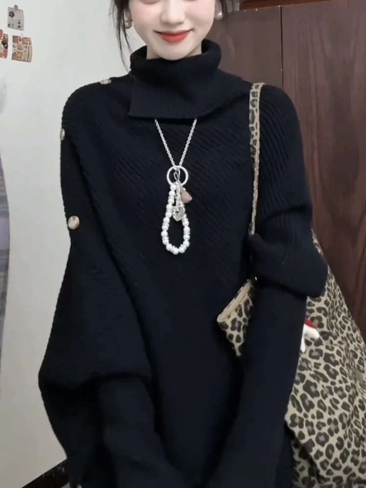 

Soft Thi High Collar Sweater Women's Loose Fit Comfortable Knitted Top Bla Autumn Winter New Sle Batwing Sve C...