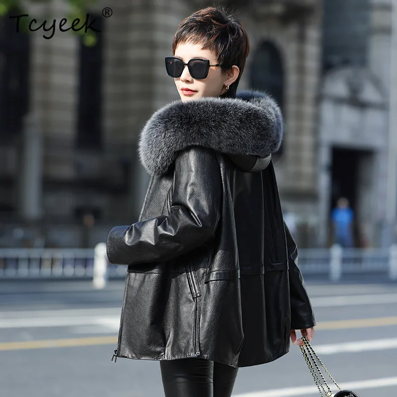 Tcyeek Real Leather Jacket Women Down Liner Autumn Winter Clothes Natural Sheepskin Coat Woman Fox Fur Collar Jaqueta De Couro