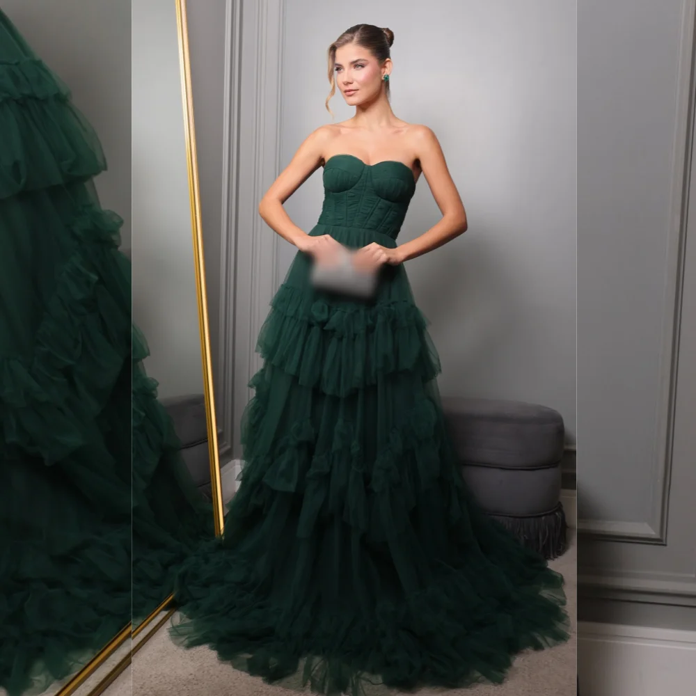 

Customized Exquisite Simple Net Pleat A-line Strapless Long Dresses Bespoke Occasion High Quality Formal