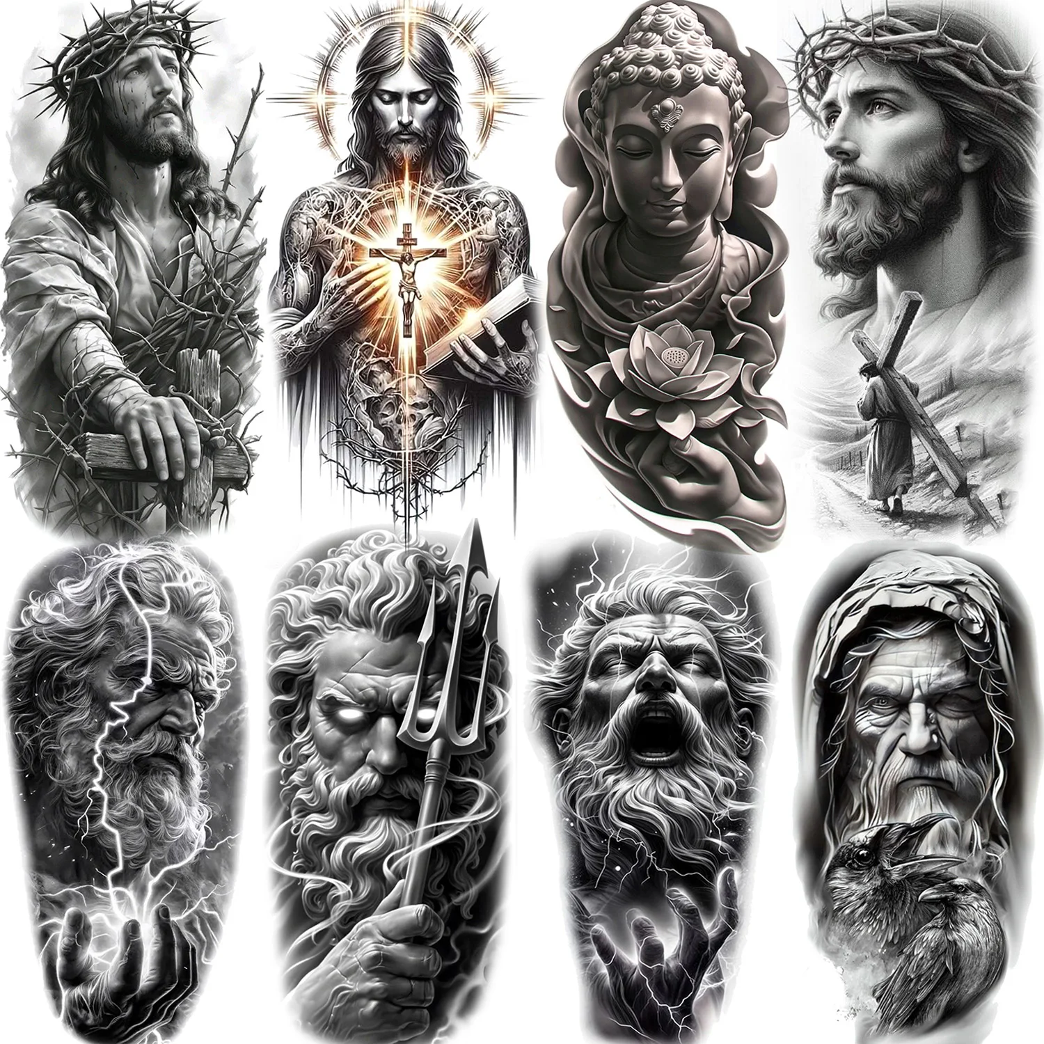 1 feuille imperméable à l'eau jésus Zeus bouddha tatouages temporaires pour hommes femmes adultes réaliste faux tatouage autocollant dieux Tatoos Art corporel