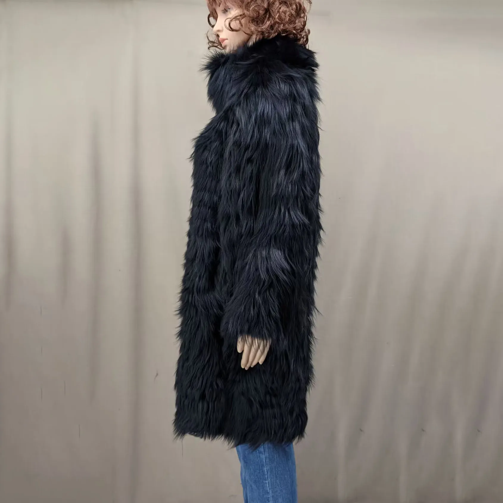 Women's Striped Real Silver Fox Fur Coat, Long Cardigen with Wool Lining, Big Size Clothes, Elegant Outwear, Spring, Lux18A09164