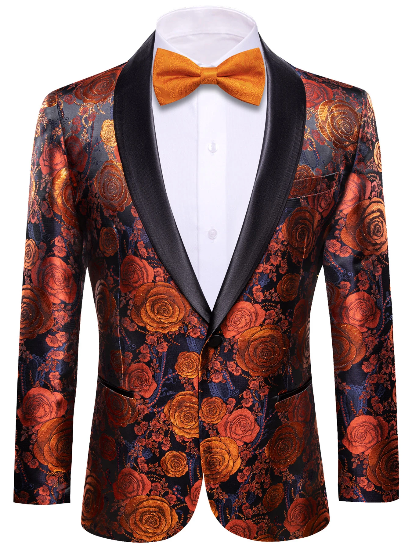 بدلة رجالية بقصة ضيقة معطف زفاف من قماش الجاكار مزين بالزهور وزر واحد وياقة مسطحة وألياف بوليستر مقاومة للتجاعيد