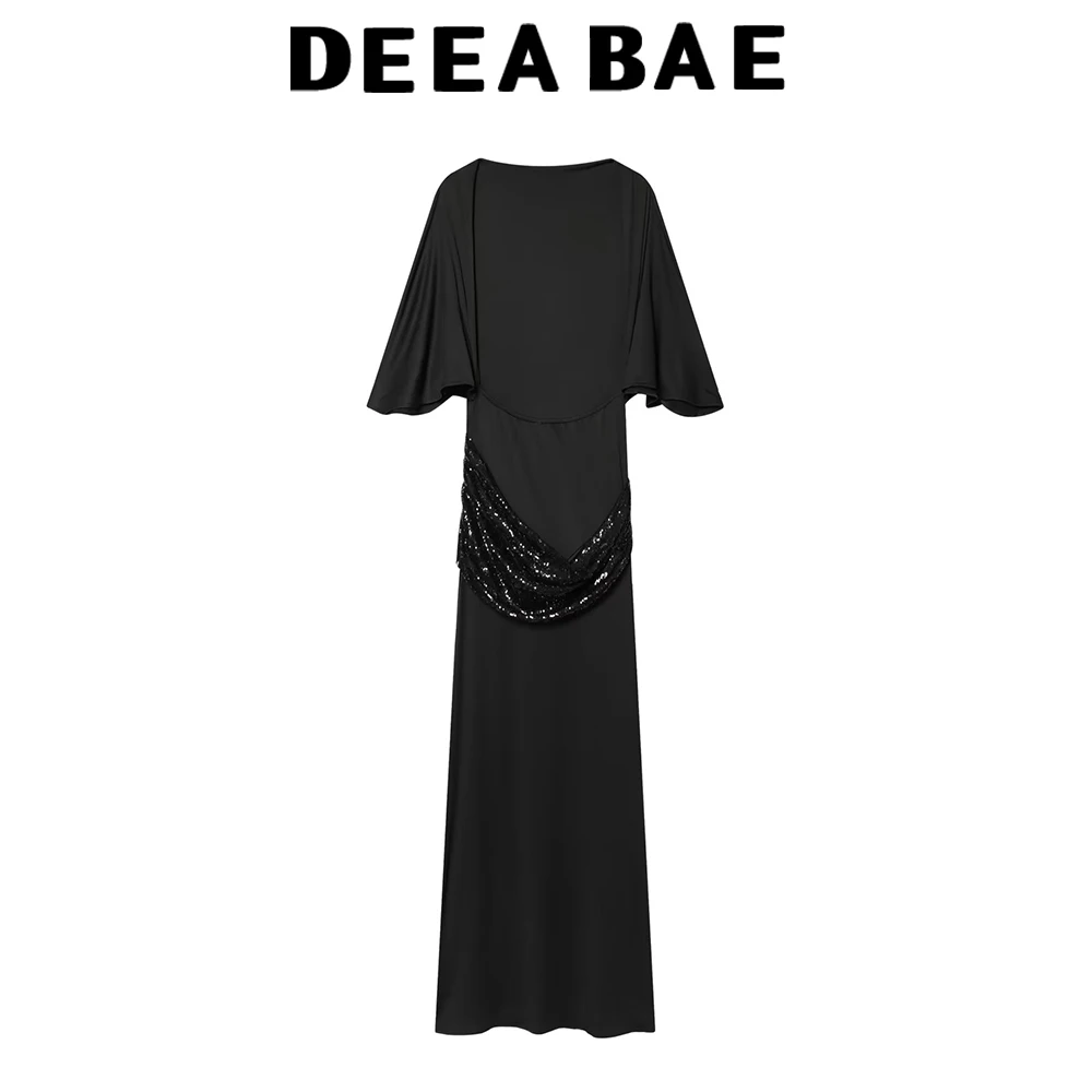 เดียบาเอ ชุดเดรสผู้หญิงสไตล์เรียบง่ายมาก คอตั้ง แขนสั้นทรงหลวม ประดับลูกปัด พร้อมเข็มขัดแฟชั่น ความยาวปานกลาง