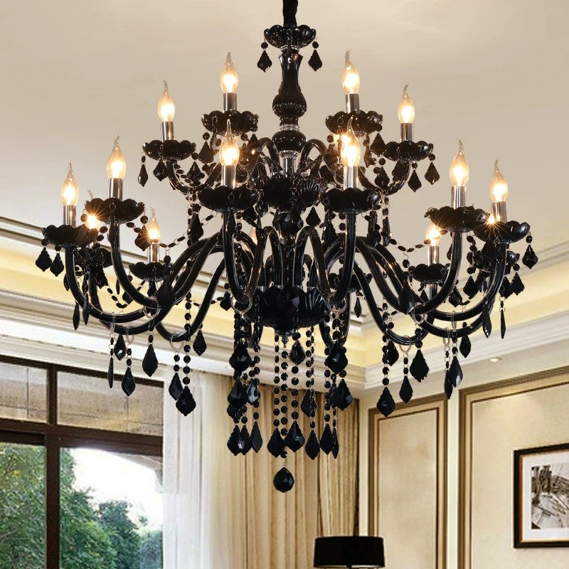 Fashion Living Room Black Crystal Chandelier Lighting Hotel Restaurant Dining Room LED Pendant Lamp Candle Crystal Light Fixture