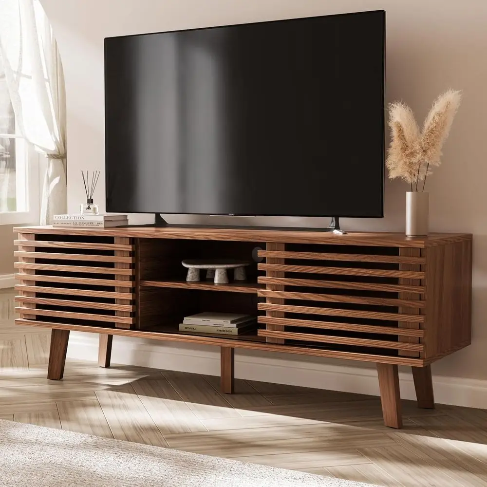 

Mid-Century Modern TV Stand for 50-60 Inch TVs, Vintage Entertainment Center with Storage and Sliding Doors