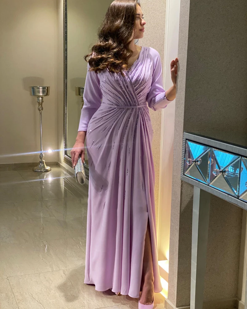 Serendipity Satin V-Neck Straight Evening Dress Elegant Sequined Full Sleeve Arabia Purple Cocktail Prom Gown Sexy Women