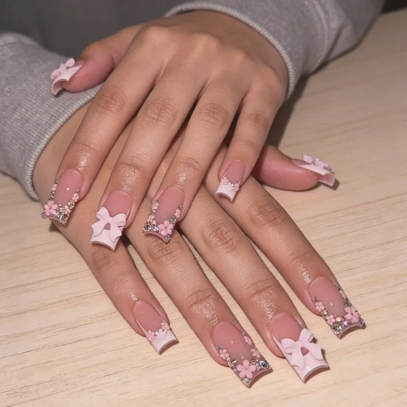

24PCS Square Pink Press on Nails 3D Bow Flower Rhinestone French Sweet False Nails Coquette Aesthetic Glossy Reusable Manicure