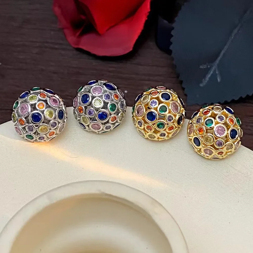 Medieval element earrings, vintage hemispherical design jewelry, honeycomb design colored zircon, colorful metal earrings.