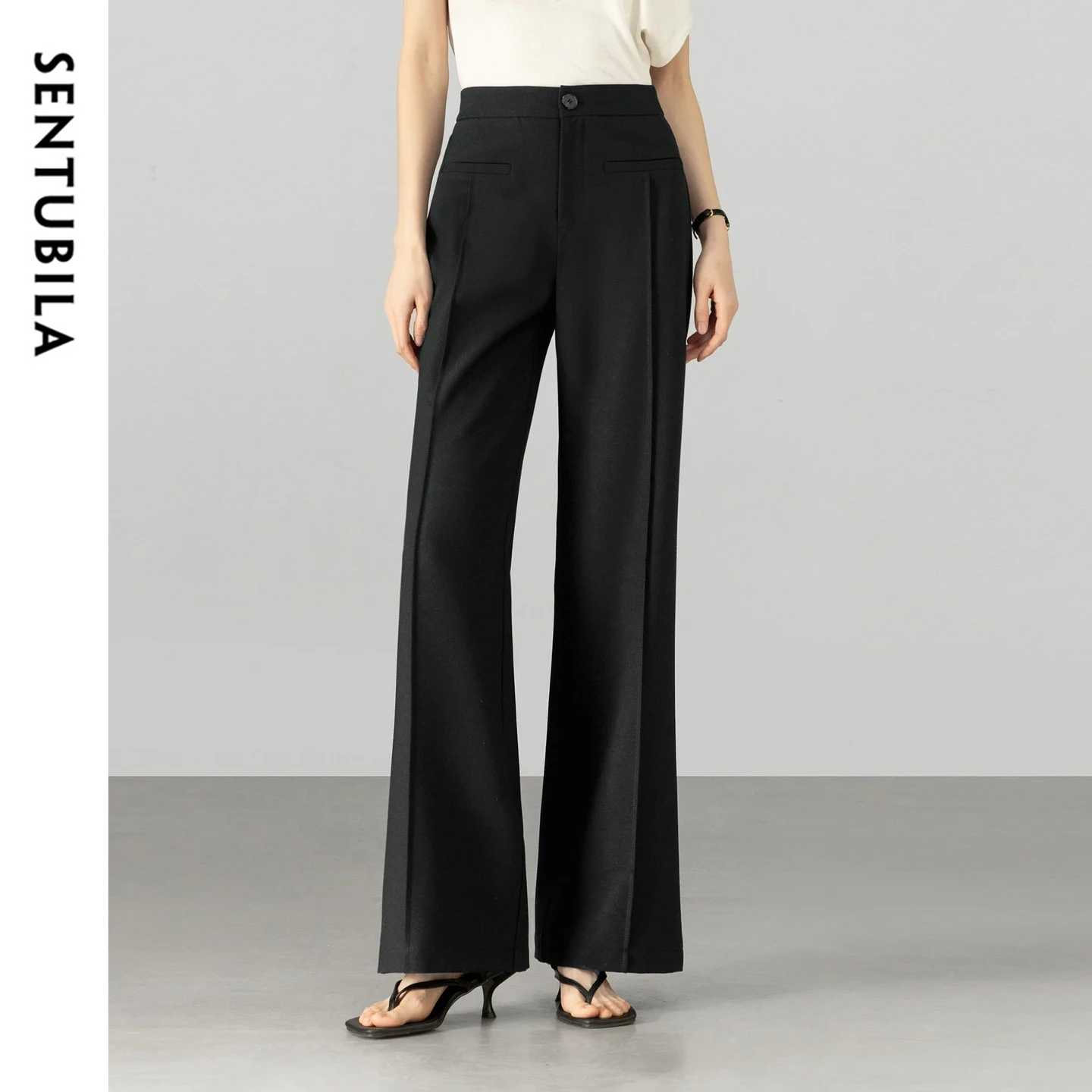 

SENTUBILA Flare Pants for Women 2026 Spring New Subtle Silk Blend Elastic Waist Solid Trousers Commute Slim Fit Pant 161KE5852