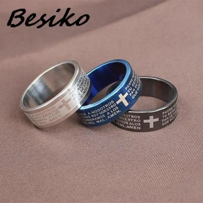 Besiko 2023 8mm Black Spanish Bible Prayer Cross Men Rings Stainless Steel Christian Women Rings Birthday Gifts Wholesale