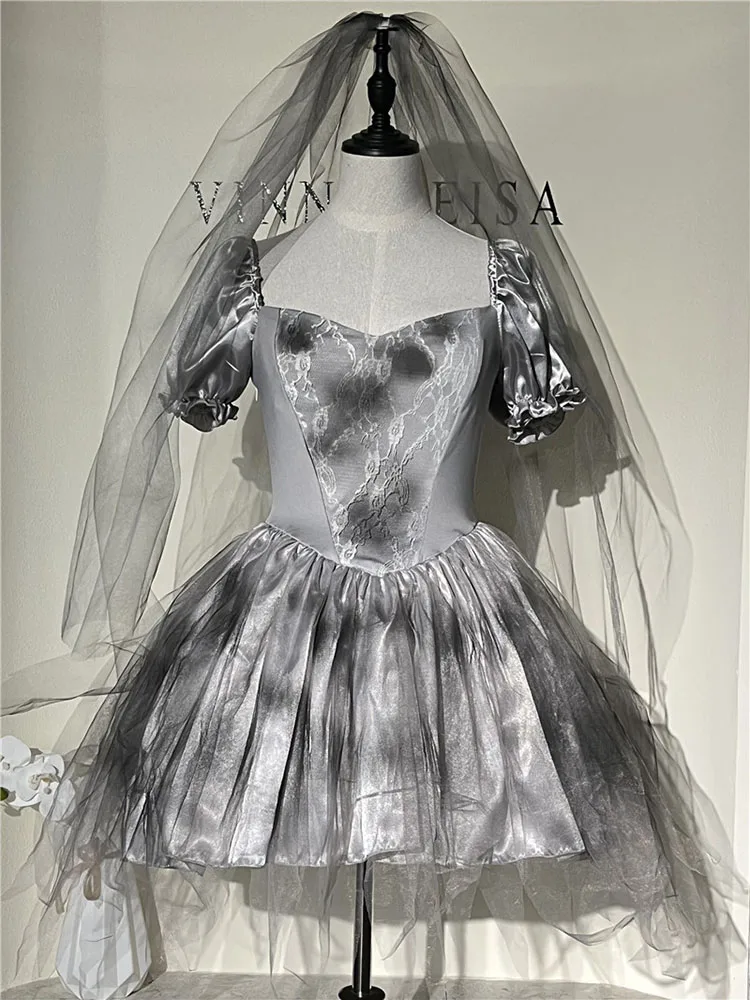 زي مصاص دماء مثير للعروس الجحيمية، تنورة قصيرة لحفلات الهالوين المرعبة، زي شبح رمادي، أزياء نسائية للمسرح