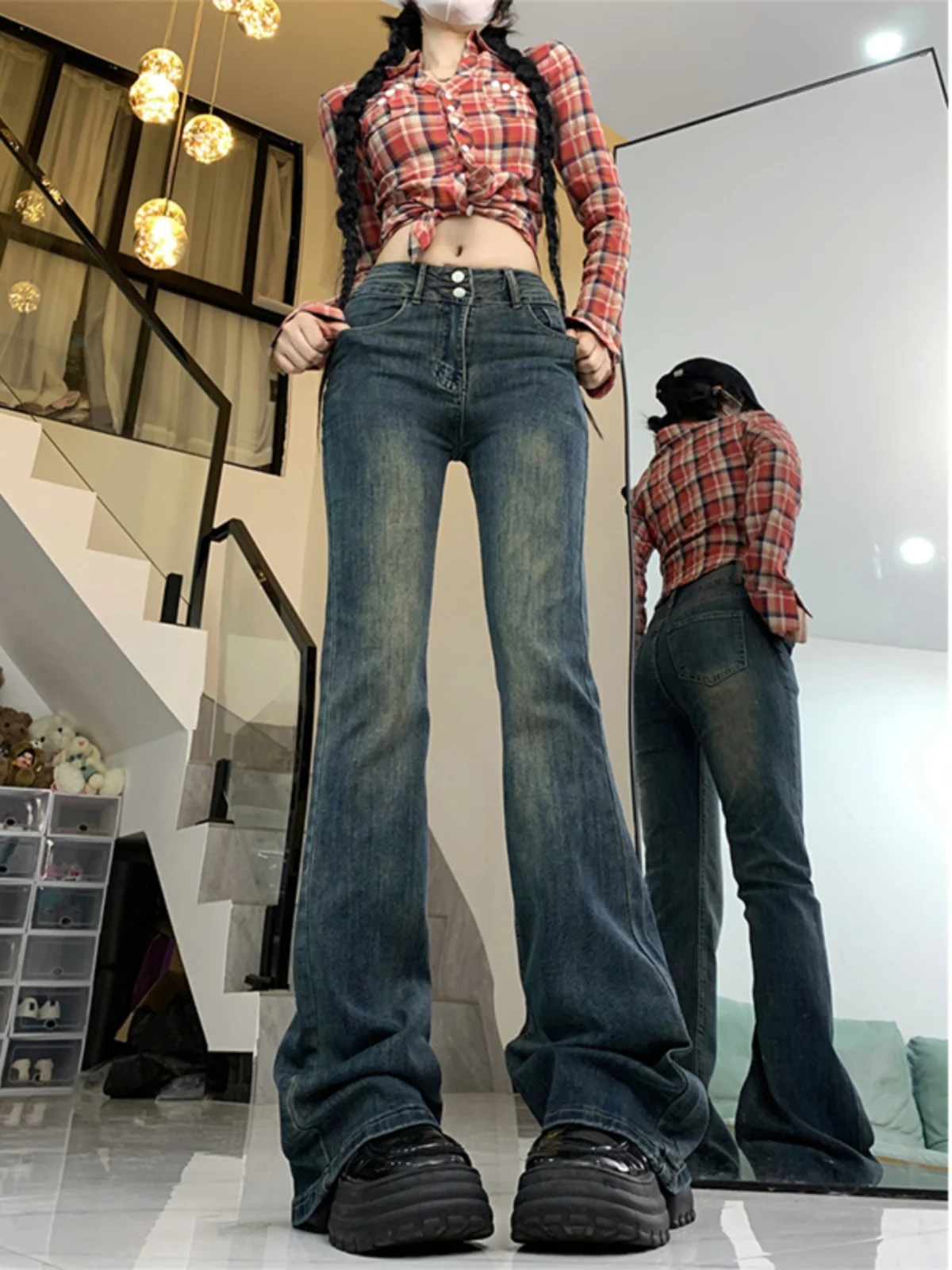 

Джинсы-колокольчики с высокой талией, женские облегающие эластичные джинсовые брюки, осенние новые хлопковые эластичные джинсы скинни больших размеров