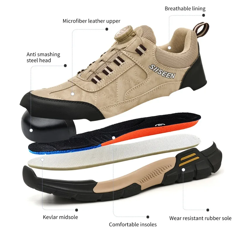 Rotating Button New Safety Shoes Men Anti-smash Anti-puncture Work Shoes Fashion Men Sport Shoes Security Protective Boots Men