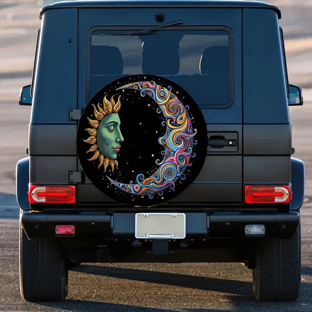 1pc 2D Flat-Printed Tire Cover Featuring The Moon And Sun, Made Of Polyester, Suitable For Camping And Designed For Off-Road Tir