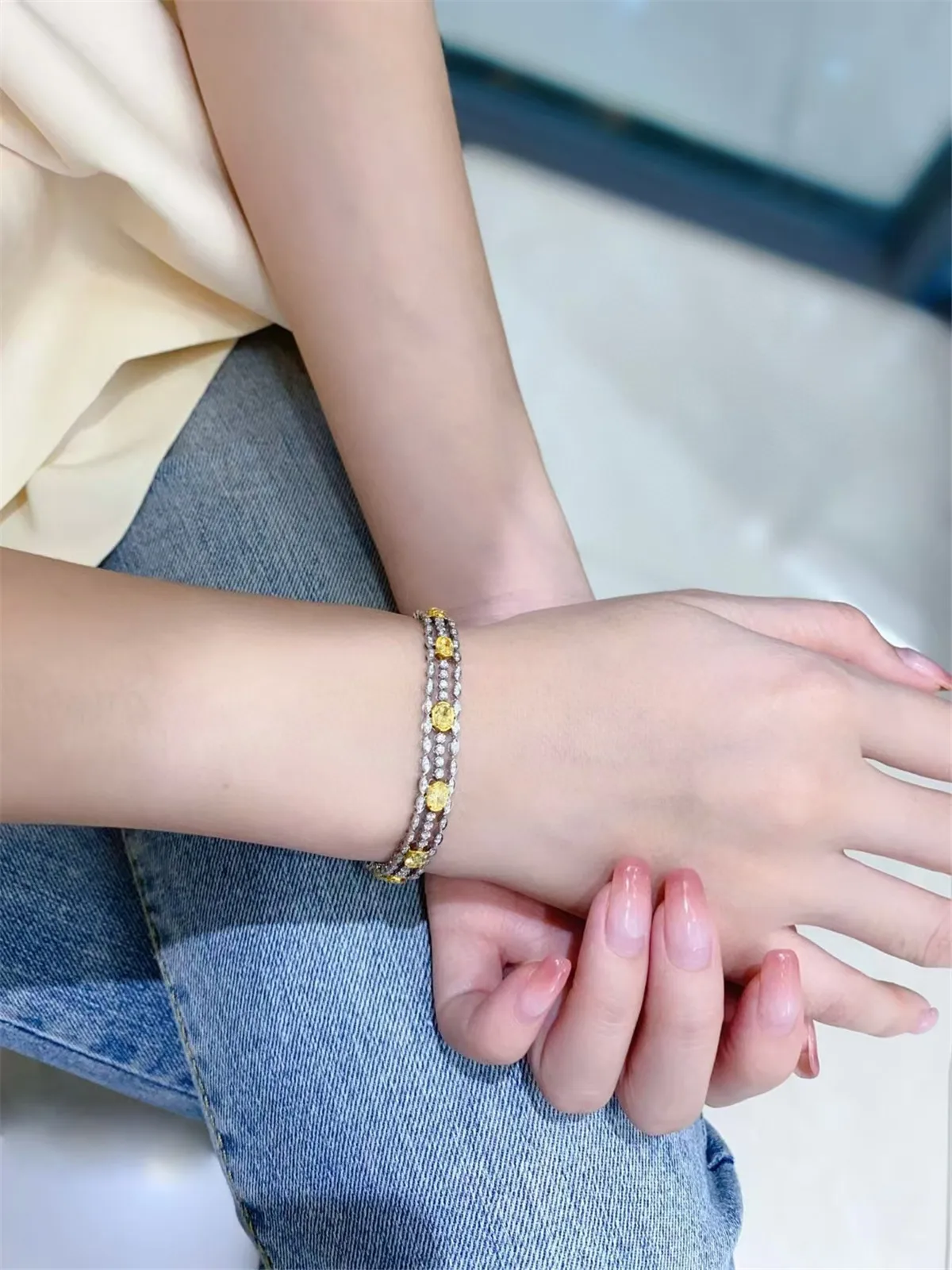 HPHT 10K Gold Lab-Grown Diamond Oval Yellow Marquise Cut 5CT Full Diamond Three-Row Bracelet, 14K Gold Fashion Jewelry Bracelet