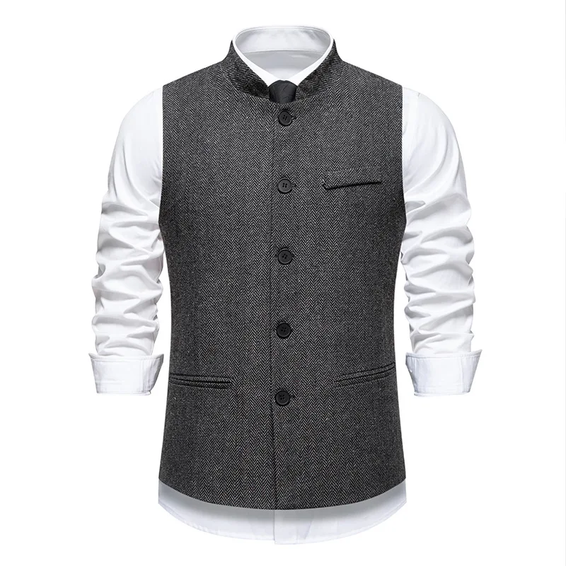 

Autumn New Men's Retro Stand Collar Herringbone Suit Casual Vest Jacket
