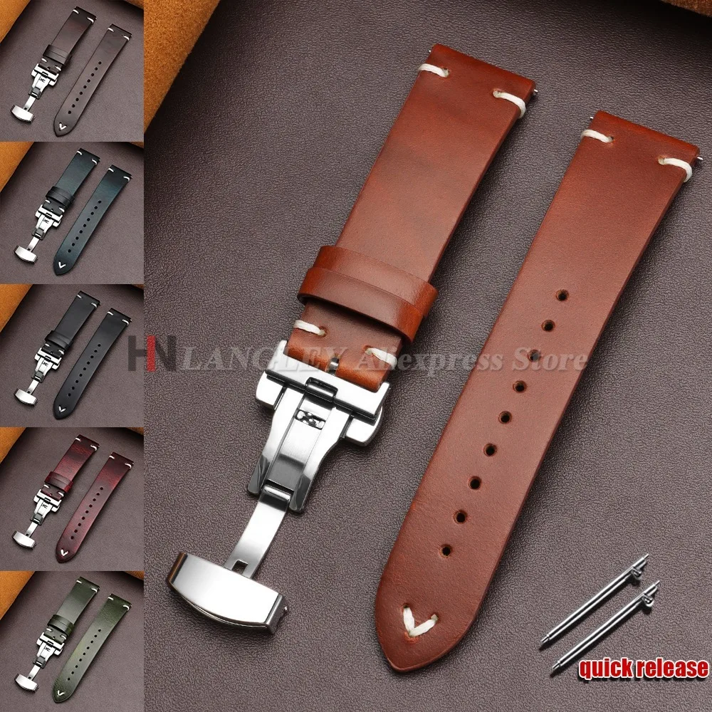 18mm 20mm 22mm Armband für Seiko Vintage Öl-Wachs-Leder Uhrenarmband Schmetterlingsverschluss Genähtes Rindslederband für Omega Armband