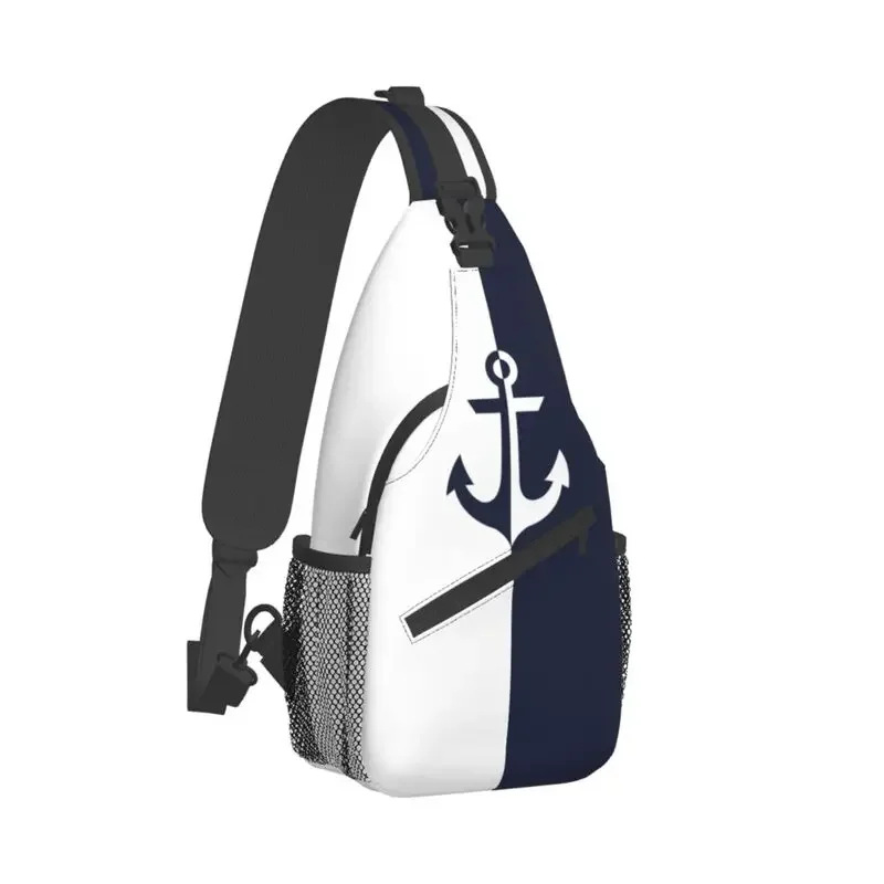 Custom Nautical White Navy Blue Anchor Sling Chest Crossbody Bag Men Casual Shoulder Backpack for Traveling