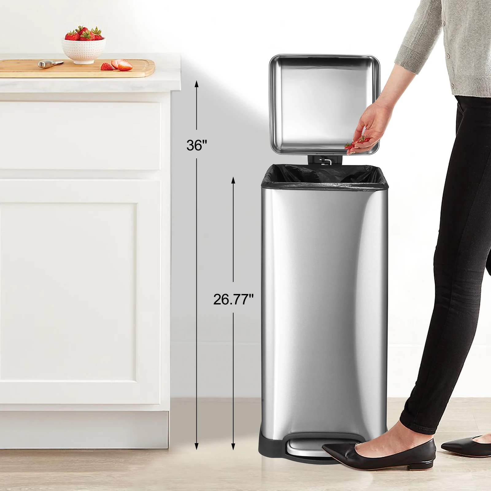 سلة مهملات سعة 8 جالون، سلة جراج مربعة مقاومة لبصمات الأصابع مع غطاء ناعم ومغلق للمنزل مع دلو داخلي قابل للإزالة