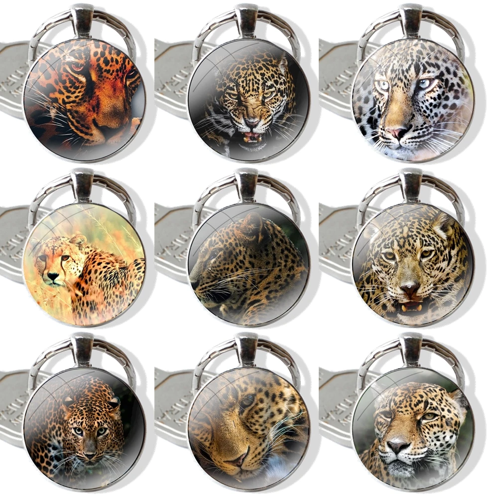 Leopard Colorful 25mm Glass Cabohcon Keychain Key Rings for Women Men Jewelry Gift