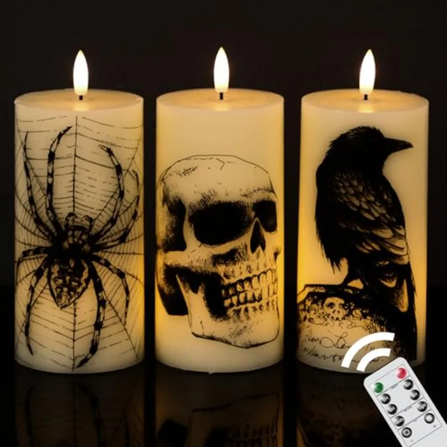 

Halloween Flickering Candles Remote with Skull Spider Web Crow Raven Decals Set of 3 Battery Operated Halloween Themed LED Cand