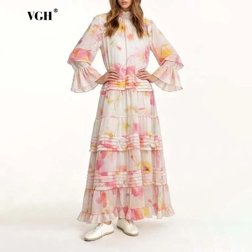 VGH Gentle Daily City Walk Print Tiered Maxi Dress for Women High Neck Elastic Waist Flounce Sleeve Dresses for Casual Office