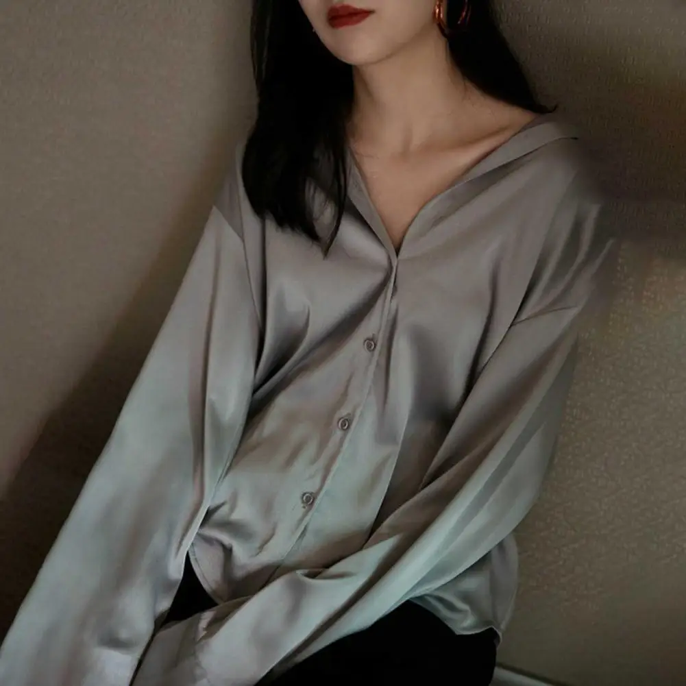 Women Shirt Formal Business Blouse Shirt Vintage Satin Silky Loose Long Sleeve Lapel OL Commute Sping Fall Top Camisa De Mujer